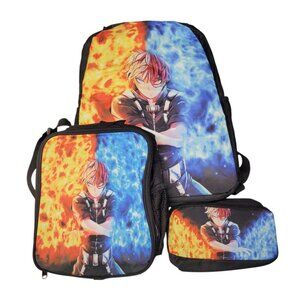Anime Backpack Lunch Box Pencil Case Set Bag Strap 16 Inch Tall Fire Ice Hero